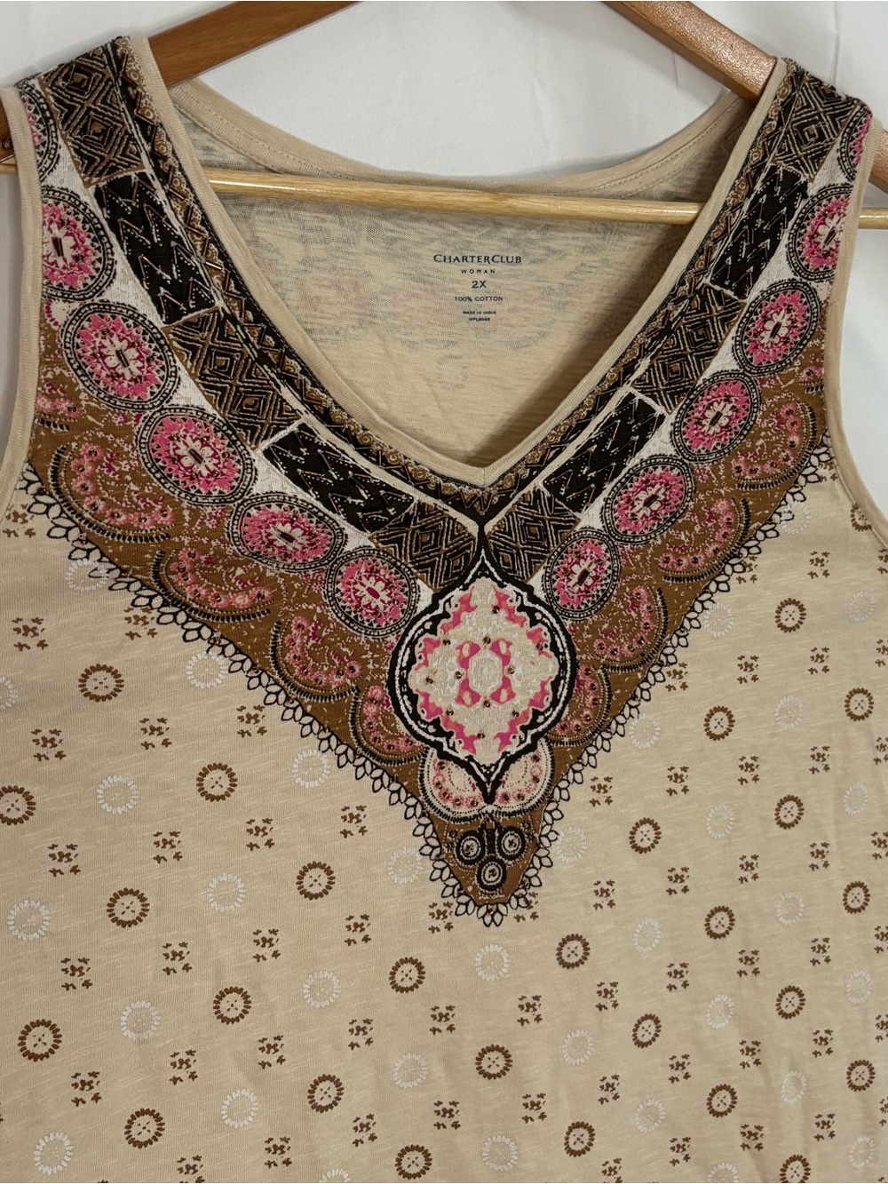 Charter Club Cream/Pink/Brown Boho Print Sleeveless V-Neck Tank/Blouse - Size 2X - Picture 6 of 14